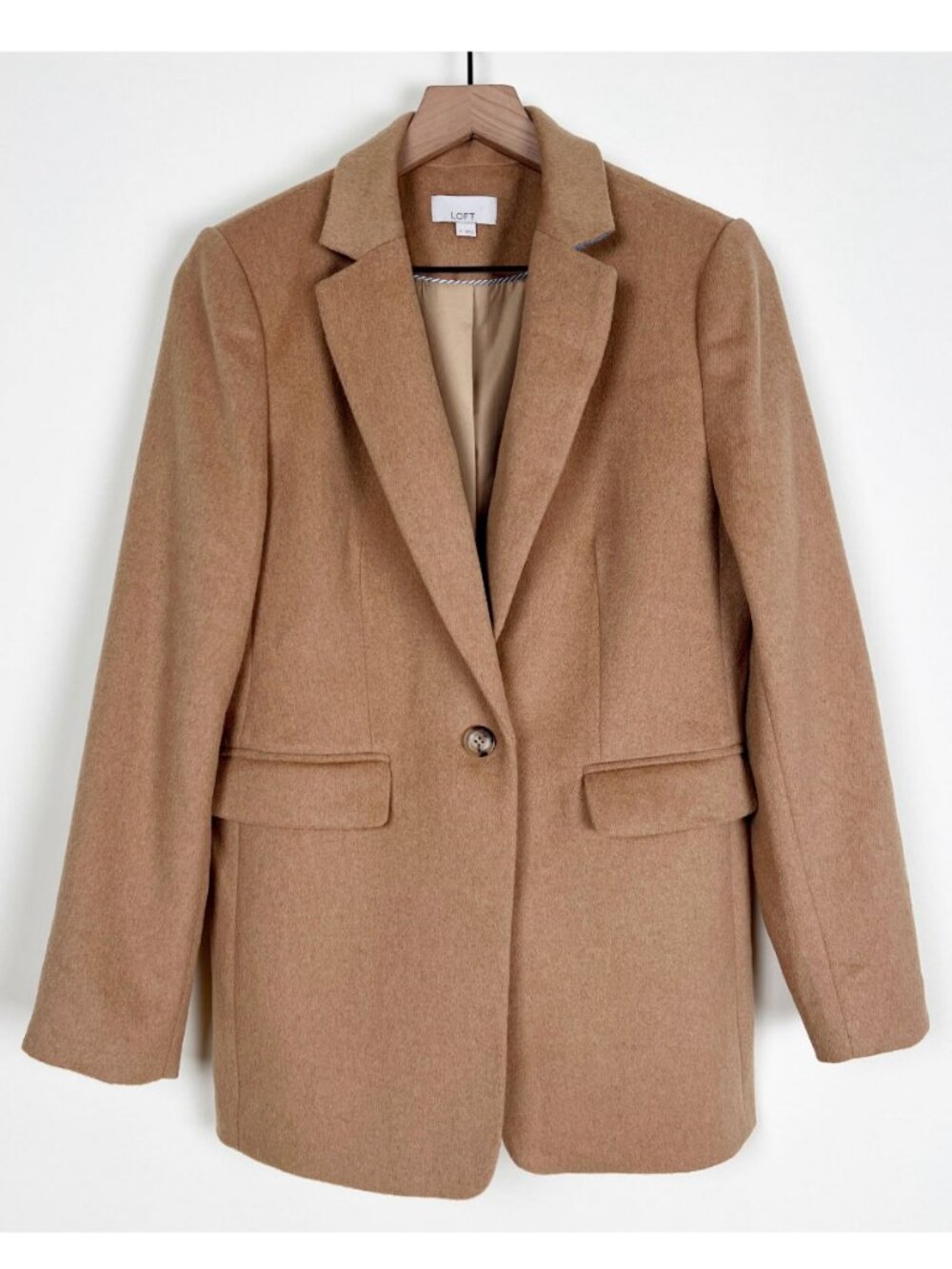 Loft Camel Tan Wool Blend Pea Coat Blazer Jacket Oversized Relaxed Fit Peacoat 4